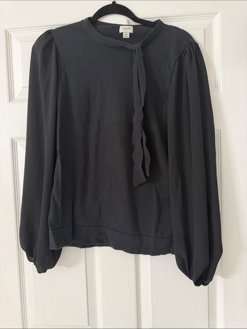 J. Crew Black Tie-Neck Puff-Sleeve Mixed Media Sweater